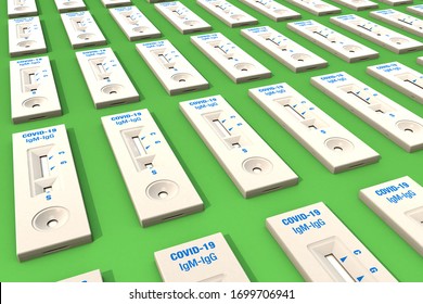 Massive testing. Consignment or shipment of Covid-19 test kits COVID-19 IGg and IgM, over green table. 3D Rendering.