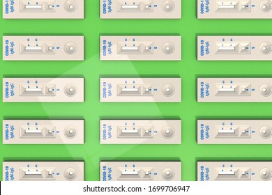 Massive testing. Consignment or shipment of Covid-19 test kits COVID-19 IGg and IgM, over green table. 3D Rendering.