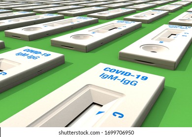 Massive testing. Consignment or shipment of Covid-19 test kits COVID-19 IGg and IgM, over green table. 3D Rendering.