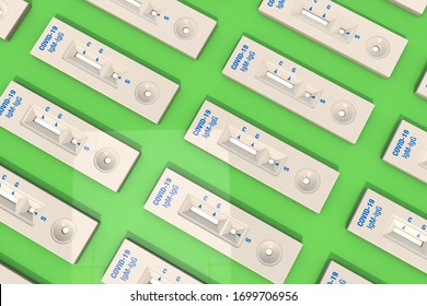 Massive testing. Consignment or shipment of Covid-19 test kits COVID-19 IGg and IgM, over green table. 3D Rendering.