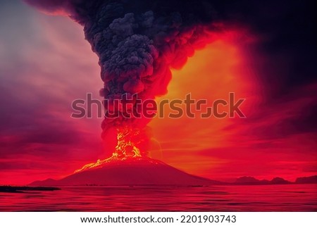 Massive Volcano Eruption. A large volcano erupting hot lava and gases into the atmosphere. 3D Illustration.