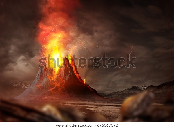 Massive Volcano\
Eruption. A large volcano erupting hot lava and gases into the\
atmosphere. 3D\
Illustration.