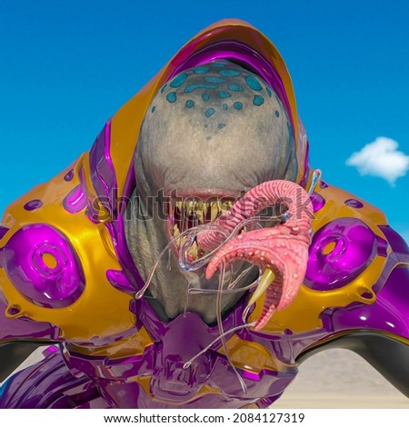 master alien is atacking in the desert after rain, 3d illustration