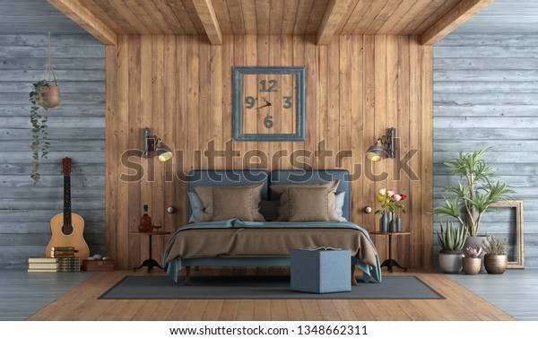 Master Bedroom Rustic Style Blue Double Stock Illustration