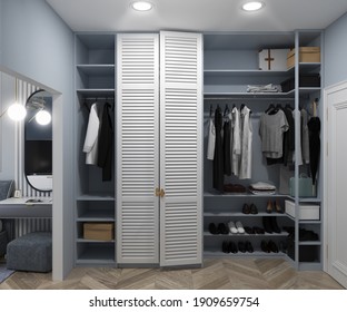 Master bedroom walk-in closet design ideas, 3d rendering