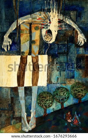  Master Behind (Birdhead). Fantastic creture with a bird's head and a human body, ornate dark blue abstract background. A small figure of a man by the fire in the corner. Oil painting.  Stock photo © 
