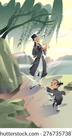  master is clapping apprentice practicing swordsmanship