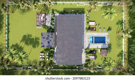 Master Plan Of Landscape Garden Top View, 3d Illustration Of Panorama Plant, Drone Building, Urban Scene