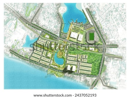 Masterplan Stadium zone, residence zone, river, architecture, planner