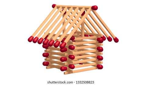 Match Stick House Isolated Over White Background.