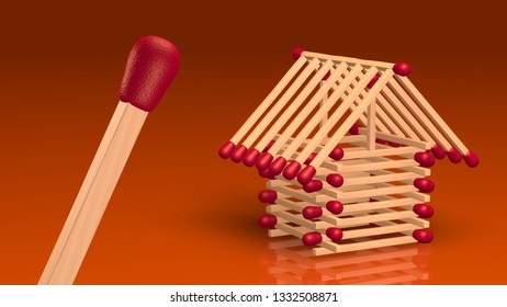 Match Stick House Isolated Over Orange Background With Single Match In Foreground.