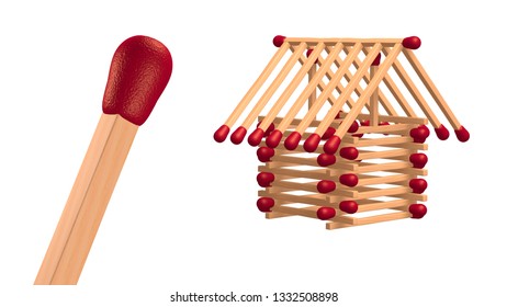 Match Stick House Isolated Over White Background With Single Match In Foreground.