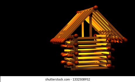 Match Stick House Isolated Over Black Background.