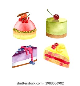 Matcha Cakes Blueberry Cheesecake Lemon Cake Watercolor Dessert Elements Set	