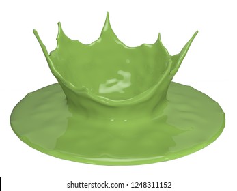 Matcha Green Tea Milk Latte With Crown Splash, Isolated On White, 3D Illustration