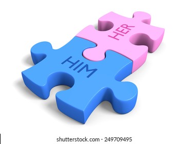 Matchmaking concept of a couple puzzle pieces together with the words him and her