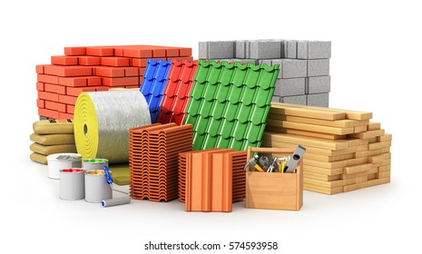 Materials For Roofing, Construction Materials, Isolated On A White Background. 3D Illustration