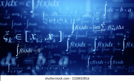 Math concept - Mathematical integral formulas on blue background. 3d rendering