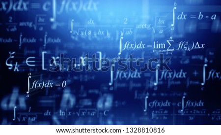 Math concept - Mathematical integral formulas on blue background. 3d rendering
