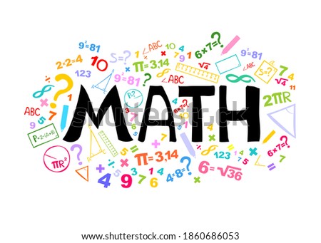 Math. Horizontal banner. Presentation, website. Isolated lettering typography idea with icons. Algebra, geometry, statistics, basic maths. Interesting creative funny math for kids. illustration