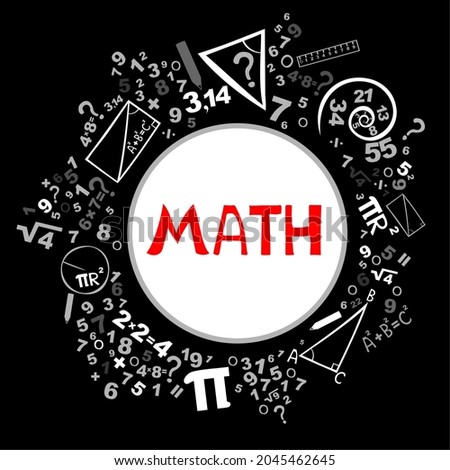 Math. Horizontal banner. Presentation, website. Isolated lettering typography idea with icons. Algebra, geometry, statistics, basic maths. Interesting creative funny math for kids. illustration