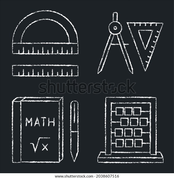 Math\
instruments icons set in line style on chalkboard. Protractor and\
ruler, compasses and square, theory book and\
abacus.