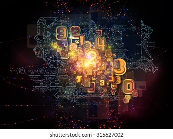 Math Network series. Abstract design made of lights, strands and numbers on the subject of science, technology and networking