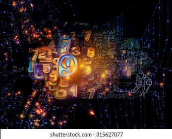Math Network series. Background design of lights, strands and numbers on the subject of science, technology and networking