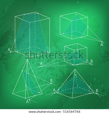Math picture - sections of polyhedra. Geometry background on chalkboard. 