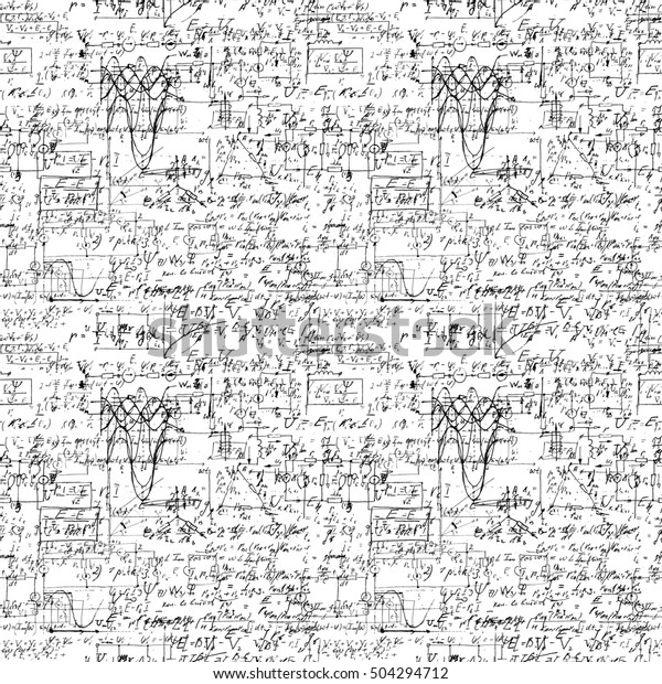 Math seamless pattern with handwriting of various
operations and step by step solutions. Geometry, math, physics,
electronic engineering subjects. Lectures. Endless natural hand
writing on white.