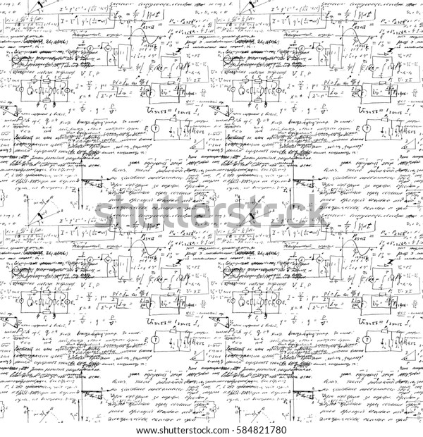 Math seamless pattern with handwriting of various\
operations and step by step solutions. Geometry, math, physics,\
electronic engineering subjects. Lectures. Endless natural hand\
writing on white.