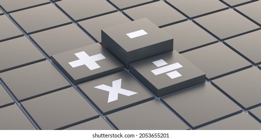 Math symbols. Basic mathematical signs. Plus, minus, addition subtraction multiplication and division operation signs. Buttons on black cubes background. 3d illustration