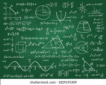 Math Theory. Mathematics Calculus On Class Chalkboard. Algebra And Geometry Science Handwritten Formulas  Education Concept. Formula And Theory On Blackboard, Science Study Illustration