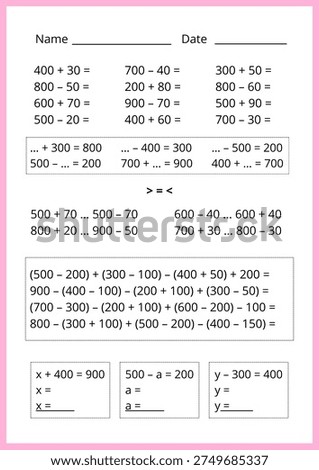 Math worksheet, different examples for children, test or homework, second grade school. learning hundreds.