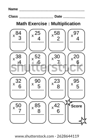 Math worksheet exercises for teaching children about multiplication.