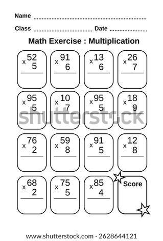 Math worksheet exercises for teaching children about multiplication.