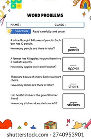 Math Worksheet Fun with Numbers! (Grade 3–4)
WORD PROBLEMS Read carefully and solve.