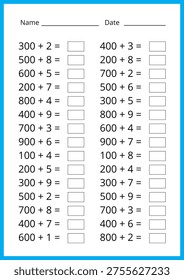 Math worksheet, for the second grade, study hundred. addition and subtraction