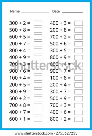 Math worksheet, for the second grade, study hundred. addition and subtraction