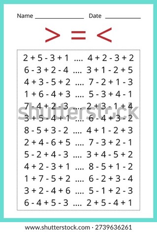 Math worksheet, solve the example and put a sign greater than, less than, or equal to. The complicated version