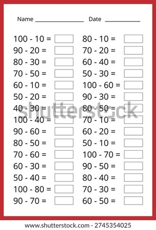 Math worksheet for subtraction, study of tens