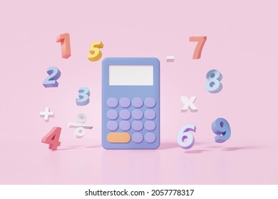 Mathematic learning education concept. Calculator and basic math operation symbols math, plus, minus, multiplication, number divide on pink background. minimal cartoon style. 3d render 