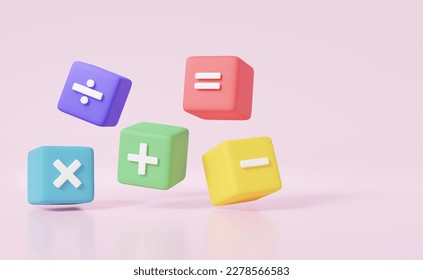 Mathematic learning education concept. floating on pink background. basic math operation colorful symbols math, plus, minus, multiplication, number divide. 3d rendering illustration
