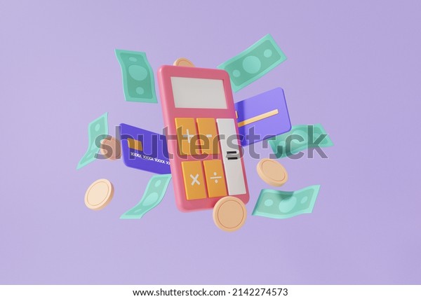 Mathematic learning\
financial education concept. Calculator and coins, banknote\
floating with budget money management, Cost saving concept. 3d\
render.\
illustration