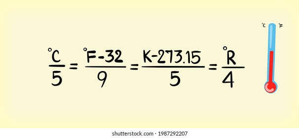 Mathematical formula for temperature conversion between Celsius, Fahrenheit, Kelvin, and Rankine with a colorful thermometer illustration on a light background. Perfect for science, education