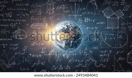 Mathematical and physical formulas against background of a Earth in universe. Space Background on theme of science and education. Elements of this image furnished by NASA.