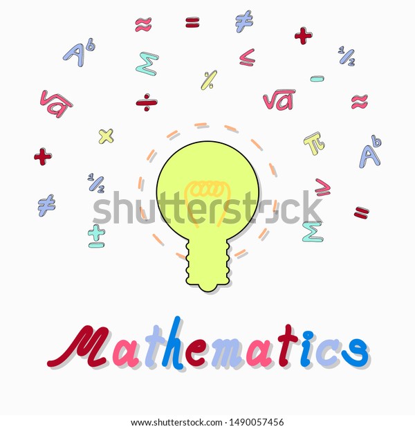 Mathematical symbols floating around
above the light bulb on white background. flat design
concept.