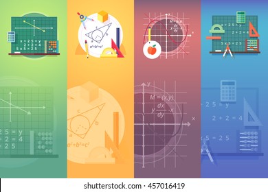 Mathematics Banners. Flat Education Concept Of Math, Algebra, Calculus. Vertical Layout Composition.