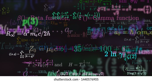 Mathematics and physics study. 2d illustration. Set of mathematical algorithms on constant background. Symbols on dark backdrop.