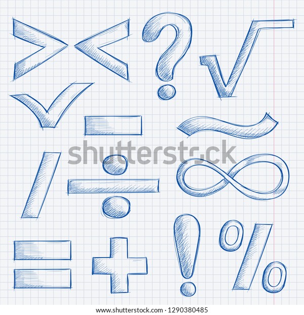 Mathematics and\
punctuation symbols. Hand drawn sketch on lined paper background.\
Illustration. Raster\
version